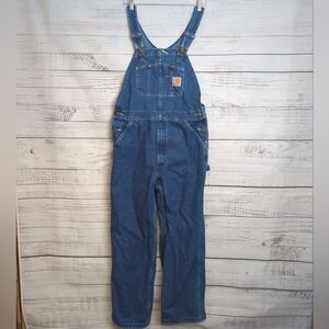 Carhartt Bib Overalls Mens 34x30 Blue Denim R07 DST Workwear Carpenter Jeans